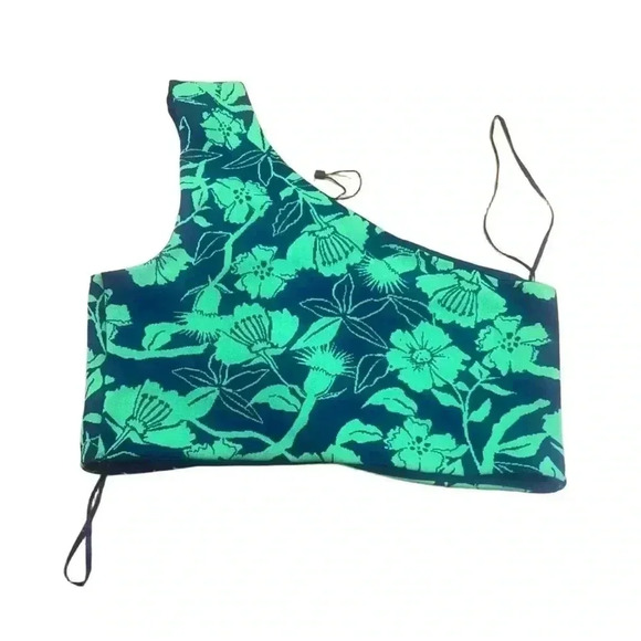 Zara One Shoulder Hawaiian Floral Crop Top Navy Green Size Large New - Picture 3 of 3